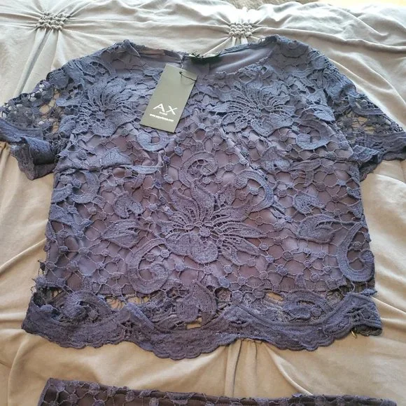 AX Paris Women's short sleeve crochet 2 piece navy dress - Picture 5 of 10